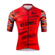 Load image into Gallery viewer, Front of red cycling jersey with rainbow colour blocks on arms of short sleeve top