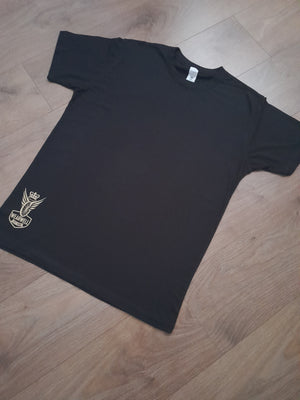 Black team cycling t-shirt with logo bottom right in sale