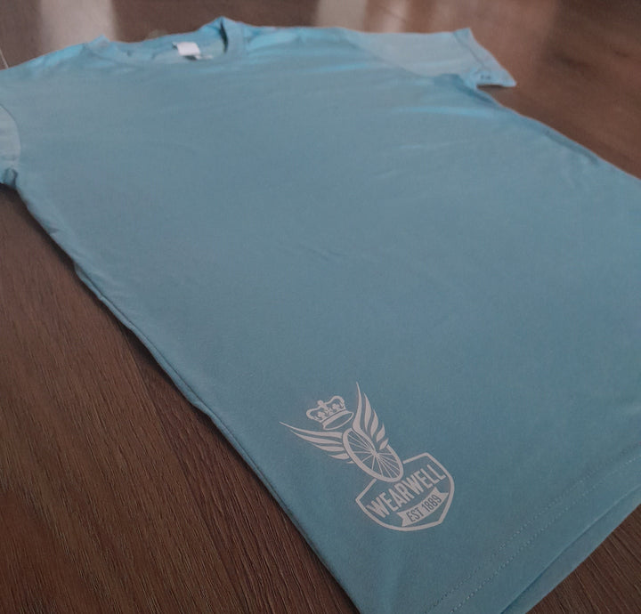 Sky team cycling t-shirt for casual cyclists laid flat 